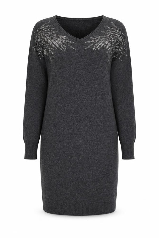 Front view of Monsoon Women's Grey Sequin Wool Jumper Dress S