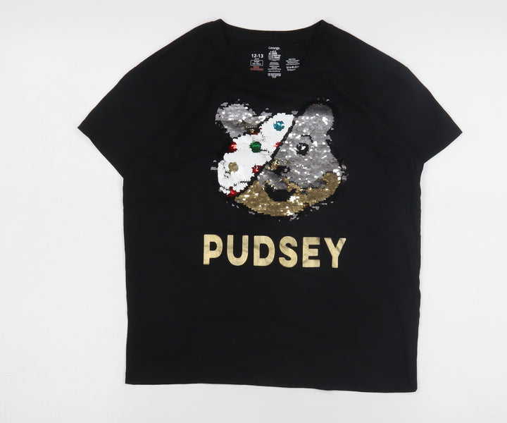 George Girls Black Sequin Pudsey T-Shirt, 12-13 Years