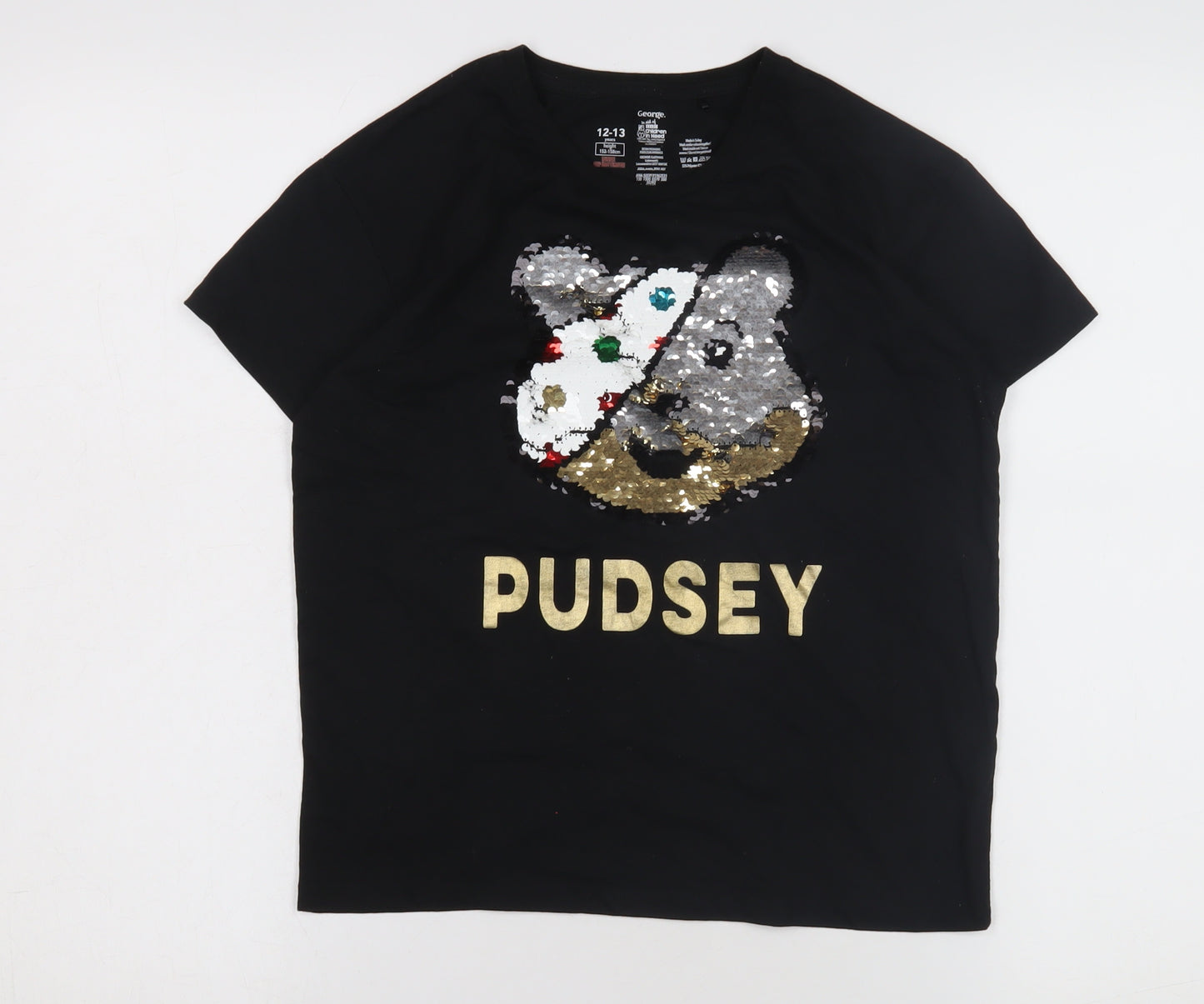 George Girls Black Sequin Pudsey T-Shirt, 12-13 Years