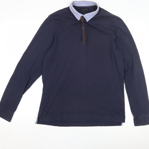 Massimo Dutti Men's Blue Cotton Long Sleeve Polo L