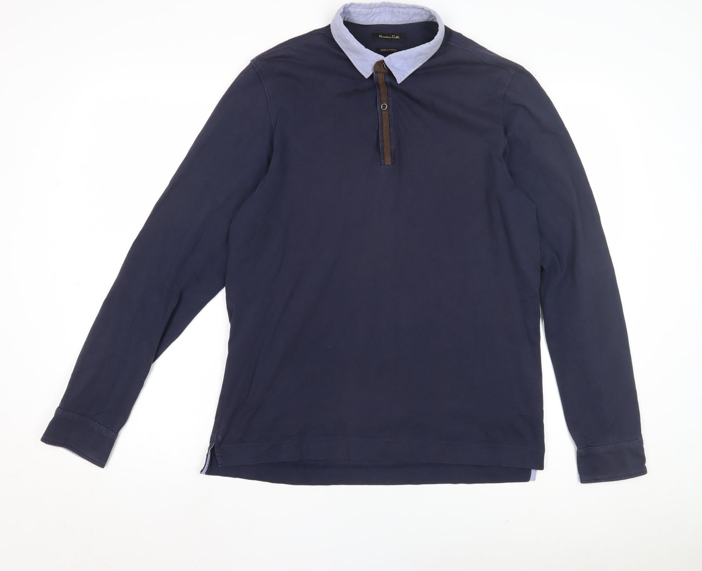 Massimo Dutti Men's Blue Cotton Long Sleeve Polo L