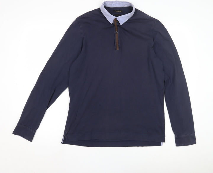 Massimo Dutti Men's Blue Cotton Long Sleeve Polo L