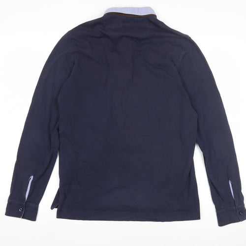 Massimo Dutti Men's Blue Cotton Long Sleeve Polo L