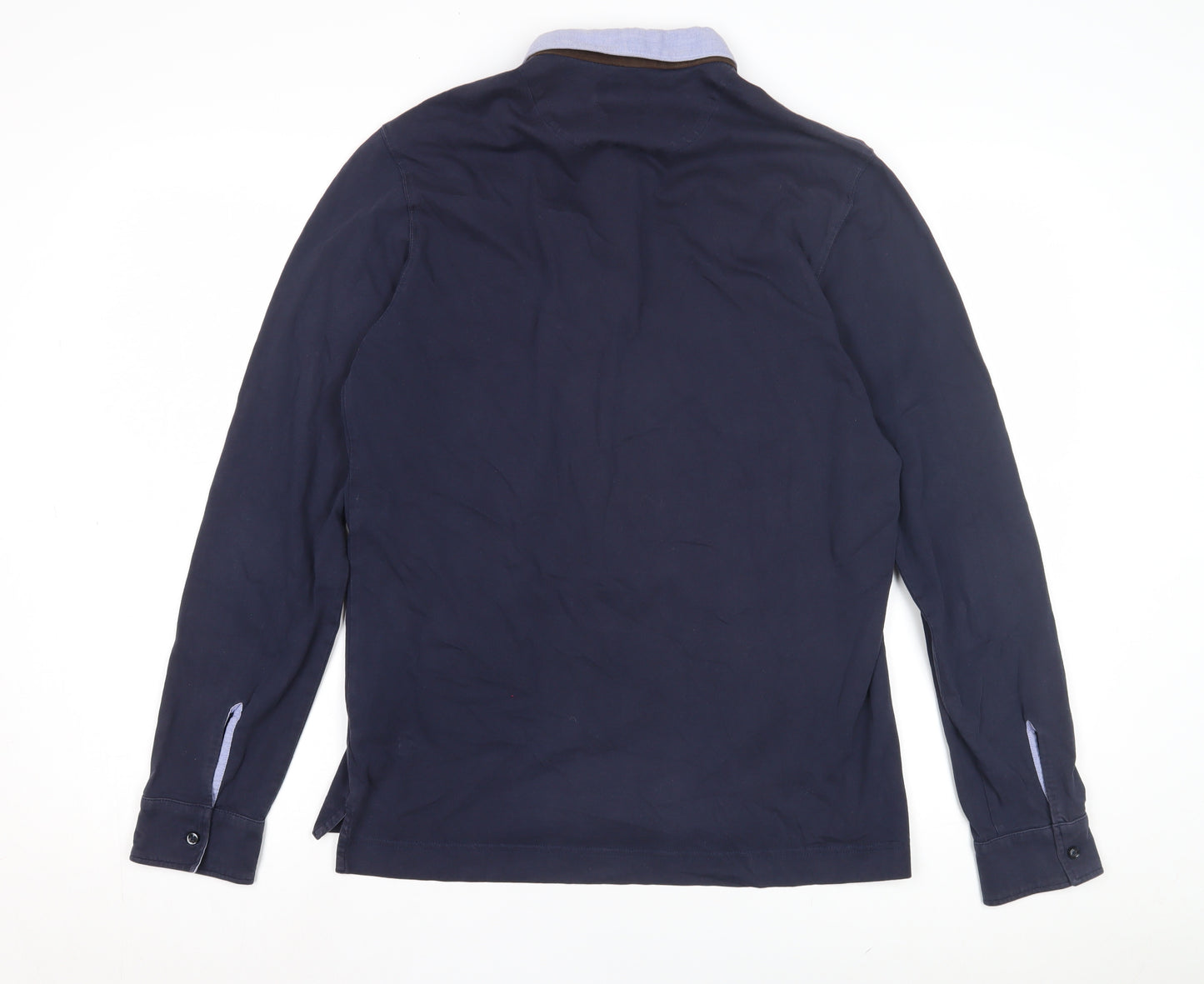Massimo Dutti Men's Blue Cotton Long Sleeve Polo L