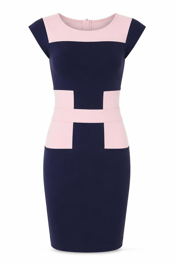 Front view of French Connection Women's Pink Blue Bodycon Knee Dress