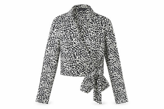 Front view of PRETTYLITTLETHING Women's Black Animal Print Wrap Blouse, size 6
