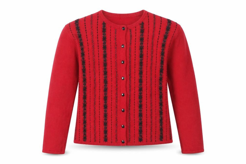 Front view of Lise J. Women's Red Cardigan L - Embroidered Knit