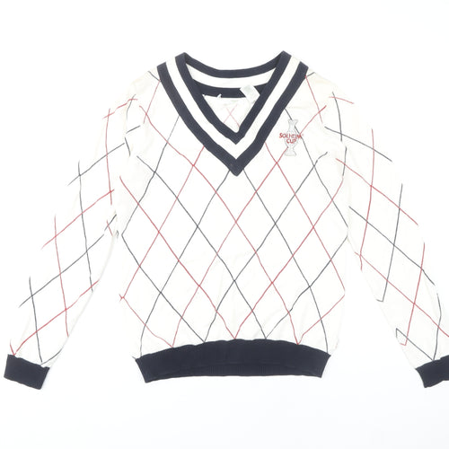 Lizgolf Women's Ivory V-Neck Argyle Pullover Jumper M