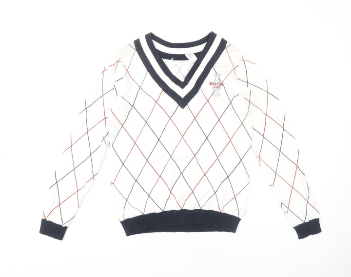 Lizgolf Women's Ivory V-Neck Argyle Pullover Jumper M