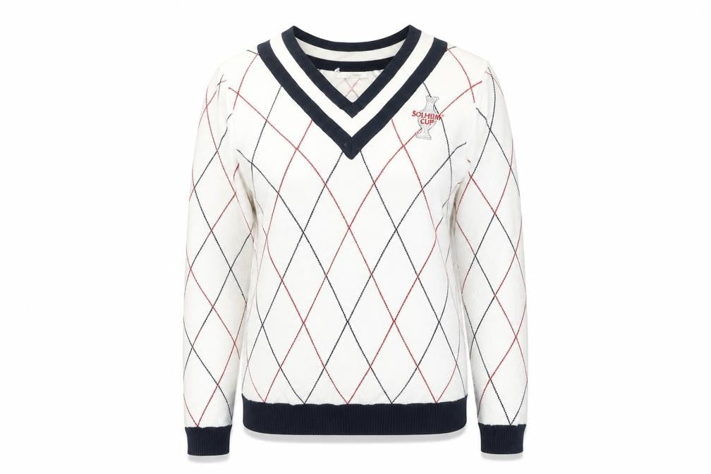 Front view of Lizgolf Women's Ivory V-Neck Argyle jumper M