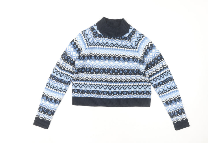 Monki Women's Blue XS Fair Isle High Neck Jumper