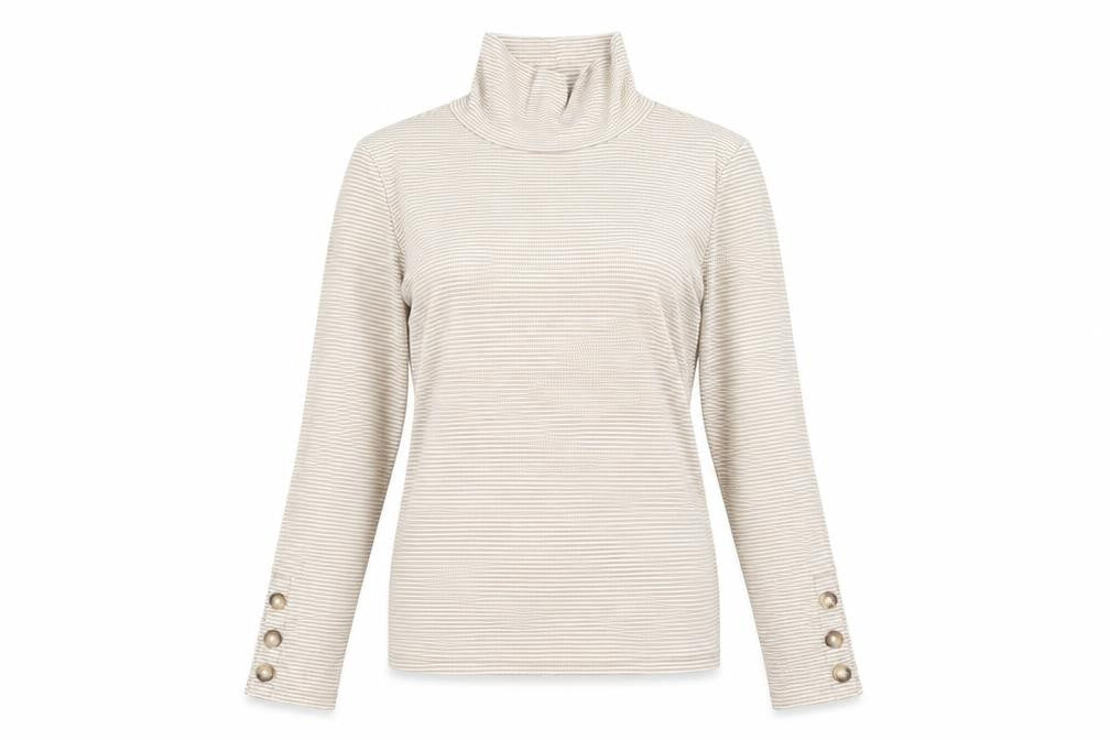 Front view of Deane & White Women's Beige Striped High Neck Top M