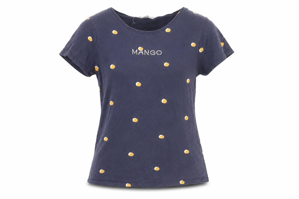 Front view of Mango Women's Blue Polka Dot T-Shirt, size M, Cotton