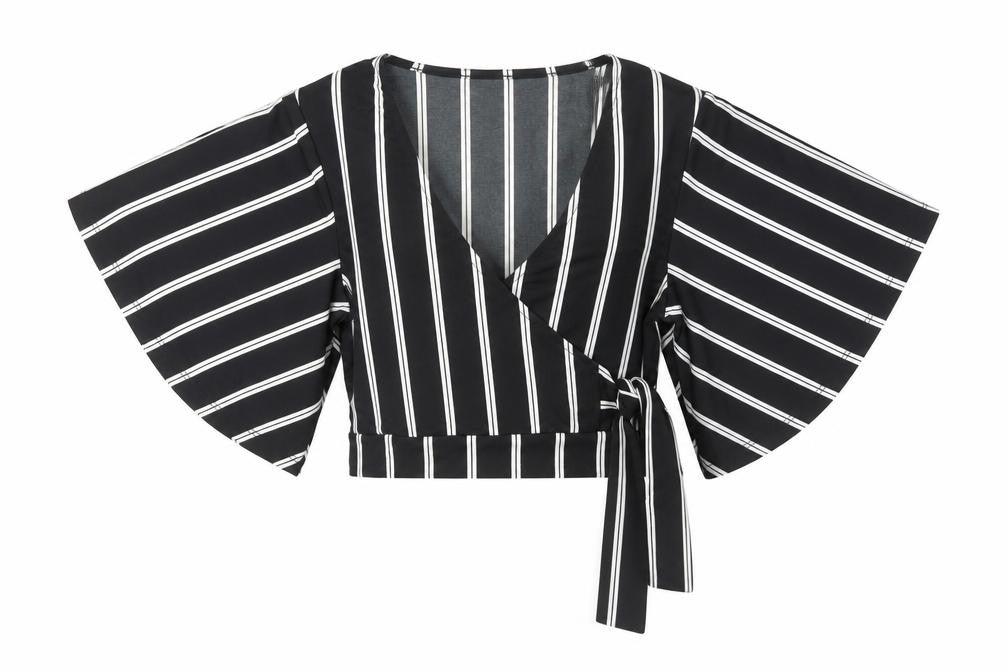 Front view of New Look Women's Black Striped Wrap Blouse, size 8