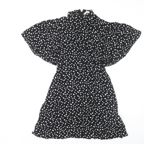 Zara Women Black Polka Dot Flutter Sleeve Dress M