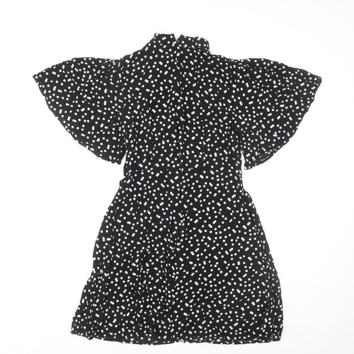 Zara Women Black Polka Dot Flutter Sleeve Dress M