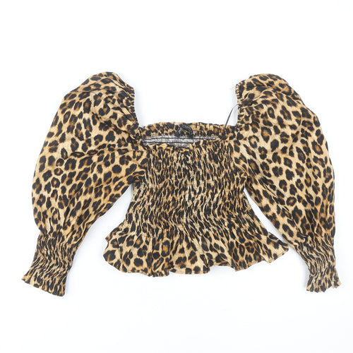 Zara Women's Brown Animal Print Cropped Blouse XS