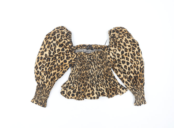 Zara Women's Brown Animal Print Cropped Blouse XS