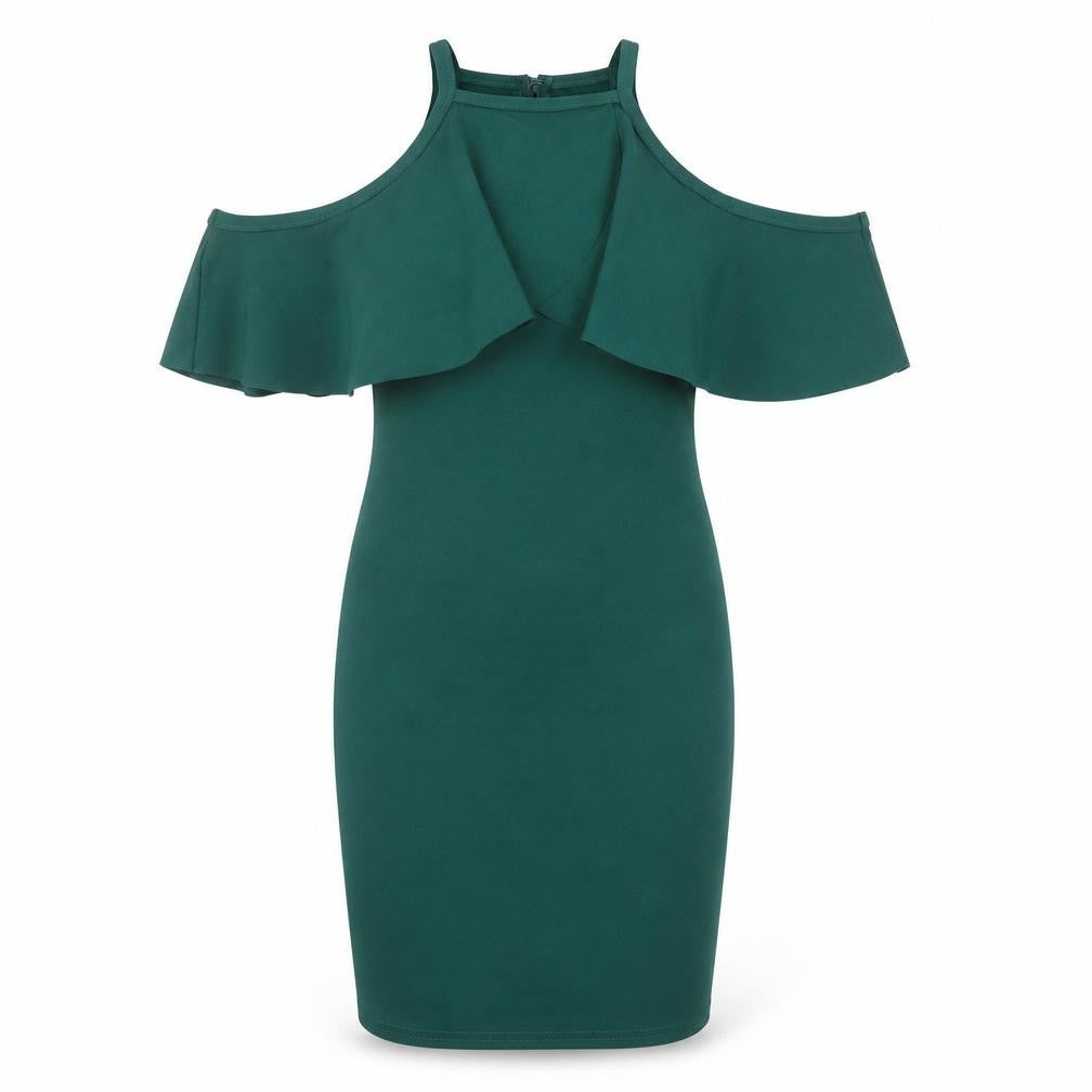 Front view of Quiz Women's Green Cold Shoulder Dress, size 8