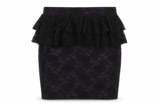 Front view of PRETTYLITTLETHING Black Lace Layered Party Skirt, size 10, - PrettyLittleThing