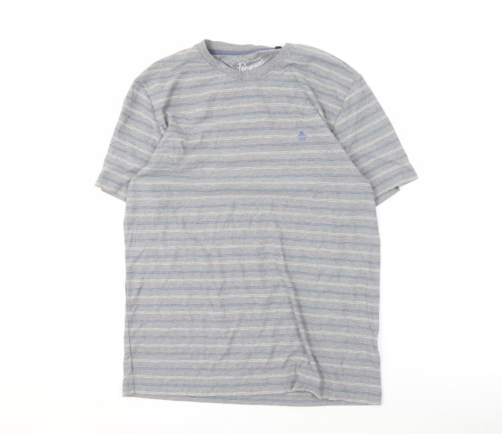 Penguin Men's Grey Striped T-Shirt, Size L