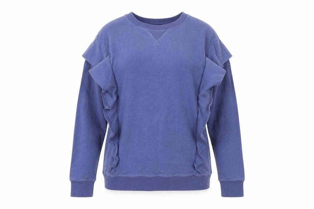 Front view of AND/OR Women's Blue Ruffle Sweatshirt, size 8