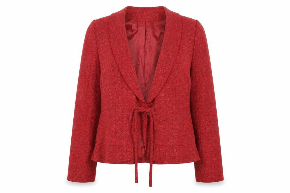 Front view of Minuet Women's Red Blazer, size 10, Bouclé Fabric