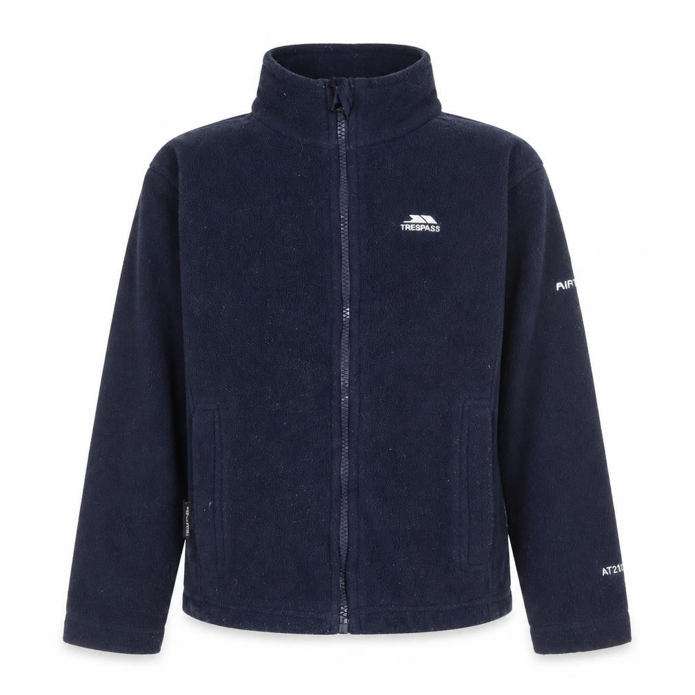 Front view of Trespass boys’ blue fleece activewear jacket, size 7-8