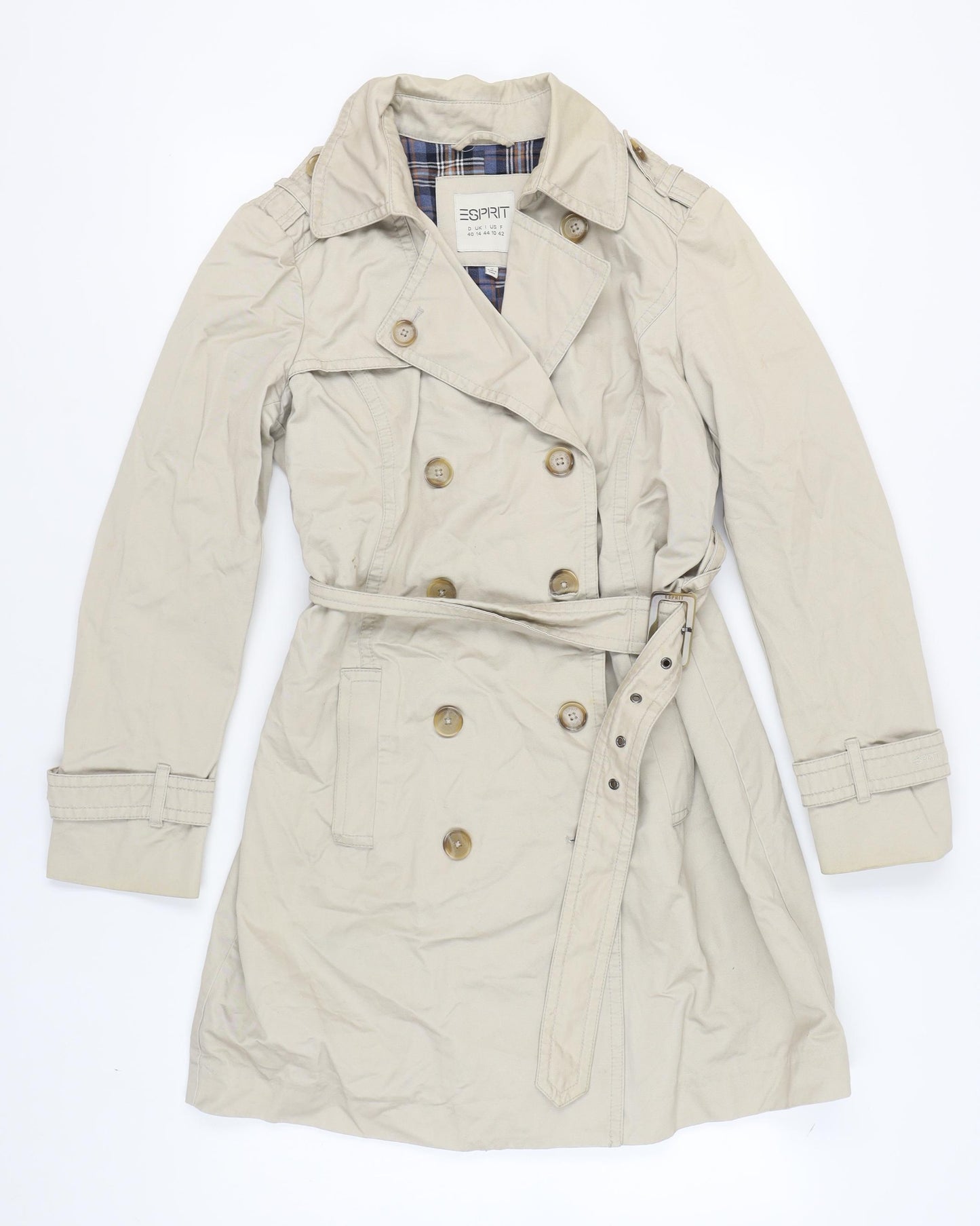 Esprit Women's Beige Trench Coat Size 12 Cotton Belted