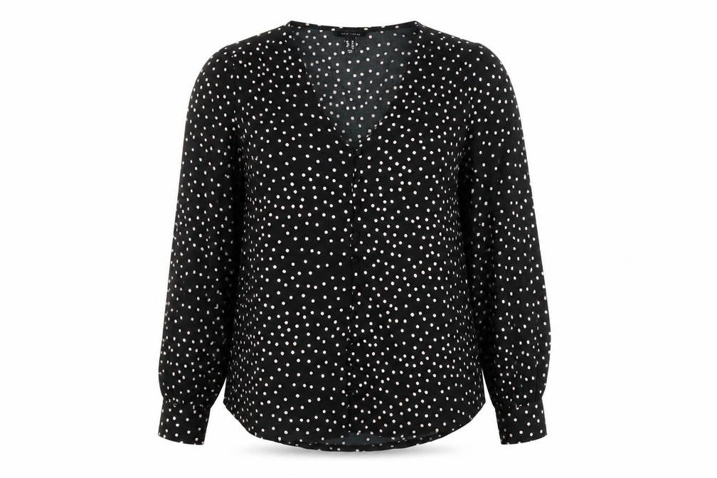 Front view of New Look Women's Black Polka Dot Long Sleeve Blouse, size 14