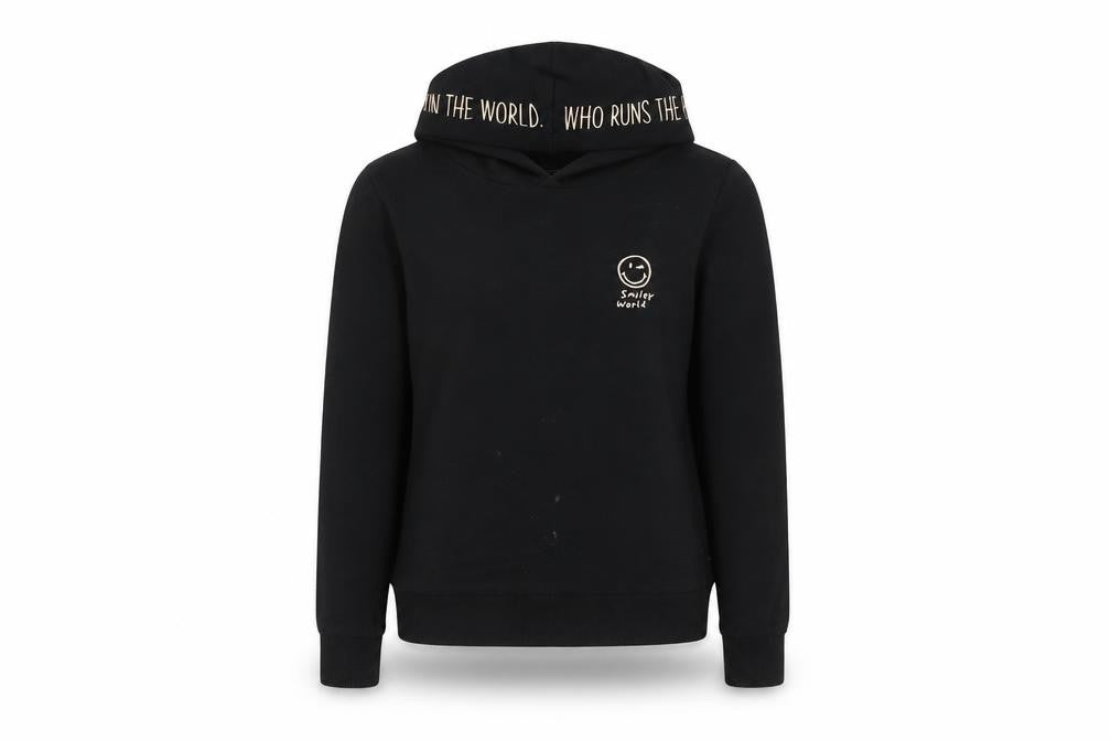 Front view of Smiley World Black Women's XS Pullover Hoodie