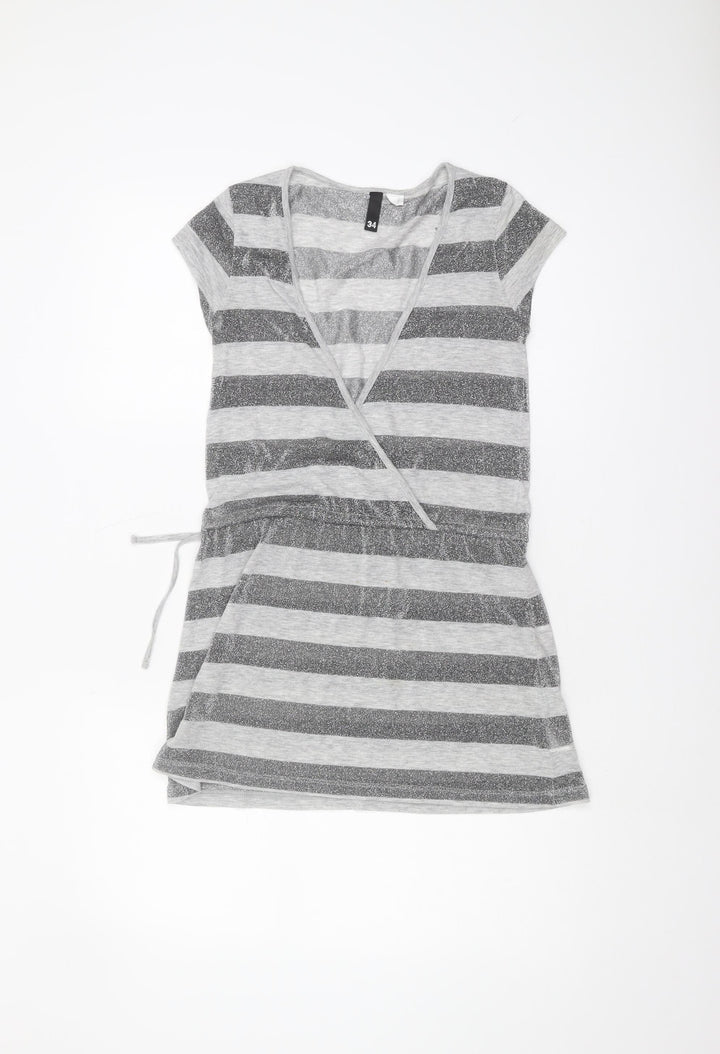 H&M Women's Grey Striped Wrap Top, Size 6