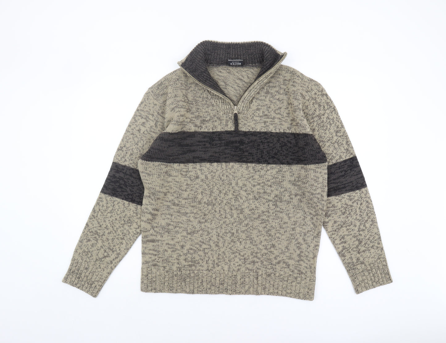 M2M Men's Beige Full Zip High Neck Jumper S