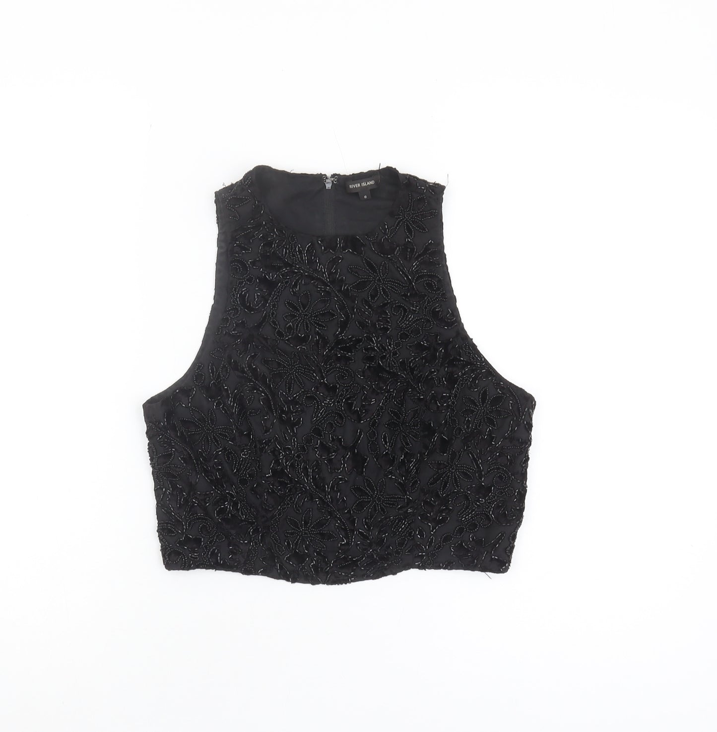River Island Black Cropped Beaded Blouse - Size 8