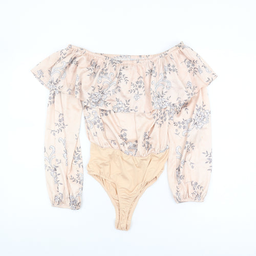 Missguided Women's Beige Floral Off Shoulder Bodysuit, Size 8