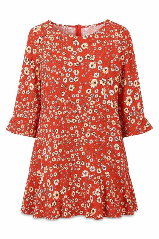 Front view of Pimkie Women's Red Floral A-Line Short Dress, size 12