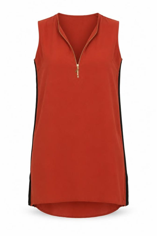 Front view of Dorothy Perkins women’s red sleeveless v-neck blouse, size UK 10