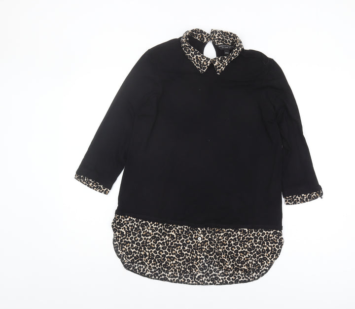 Dorothy Perkins Women Black Leopard Collar Blouse Size 10