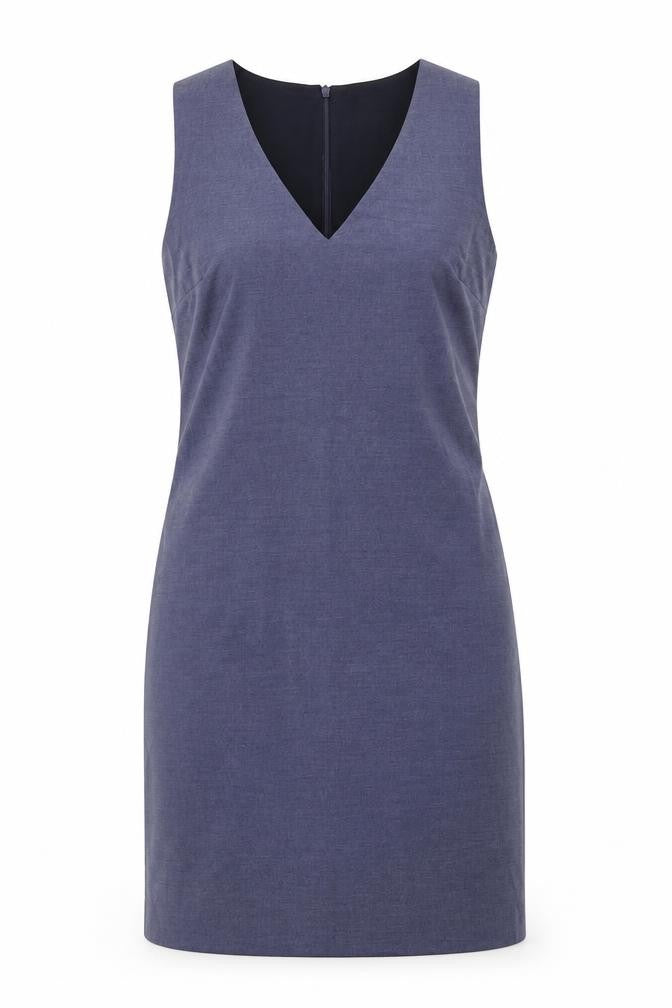 Front view of Next Women's Blue Sheath Dress, size 8, V-Neck Sleeveless