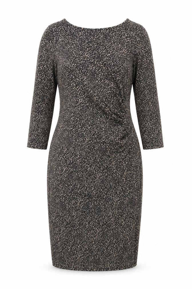 Front view of Oasis Women's Black Sheath Dress M, Geometric Pattern