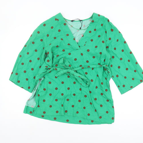 Zara Women's Green Polka Dot Wrap Blouse - Size S