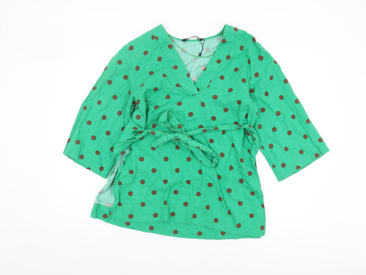 Zara Women's Green Polka Dot Wrap Blouse - Size S