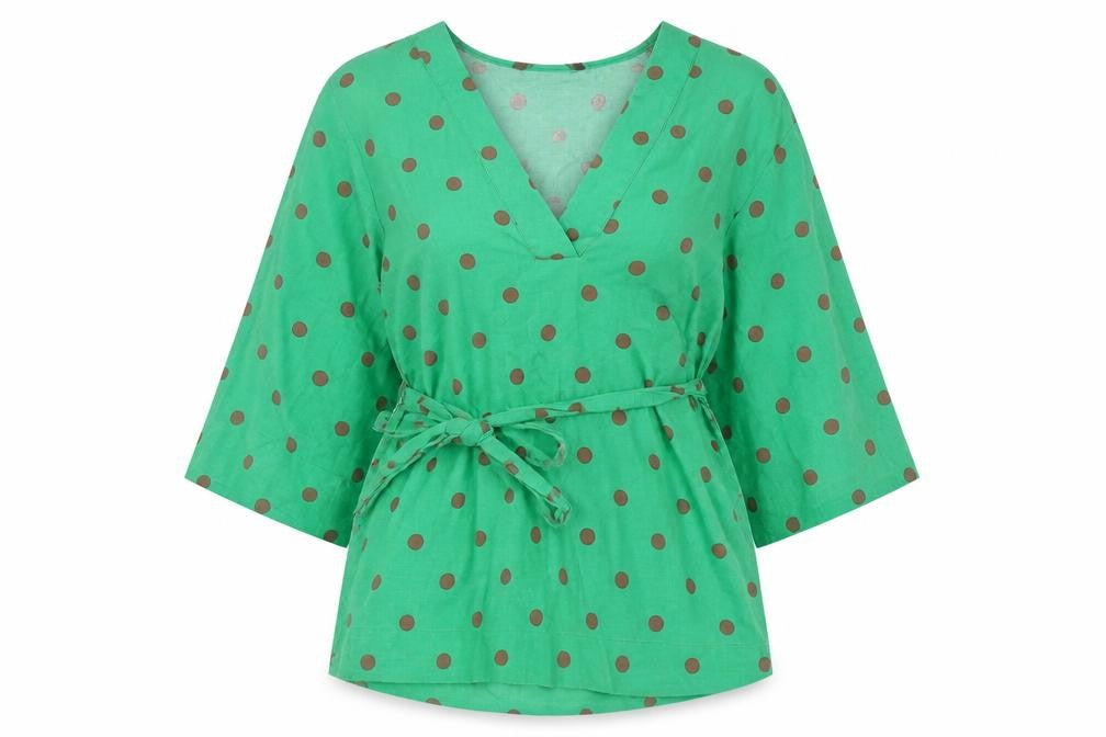 Front view of Zara Women's Green Polka Dot Wrap Blouse -, size S