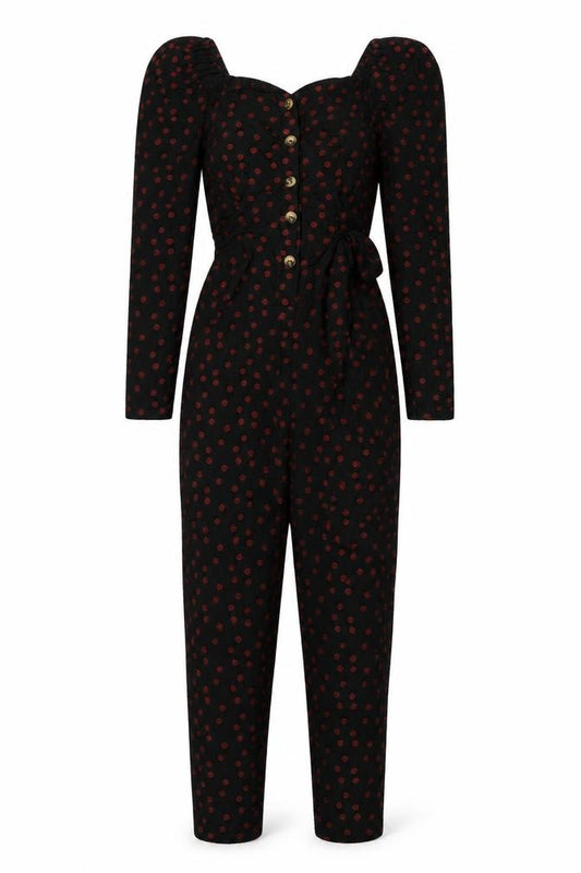 Front view of ASOS Women's Black Polka Dot Jumpsuit, size 6, Long Sleeve