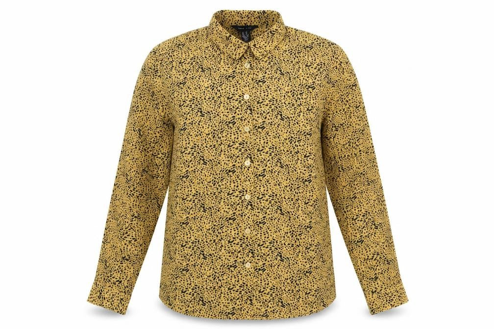 Front view of New Look Women's Yellow Animal Print Button-Up Shirt