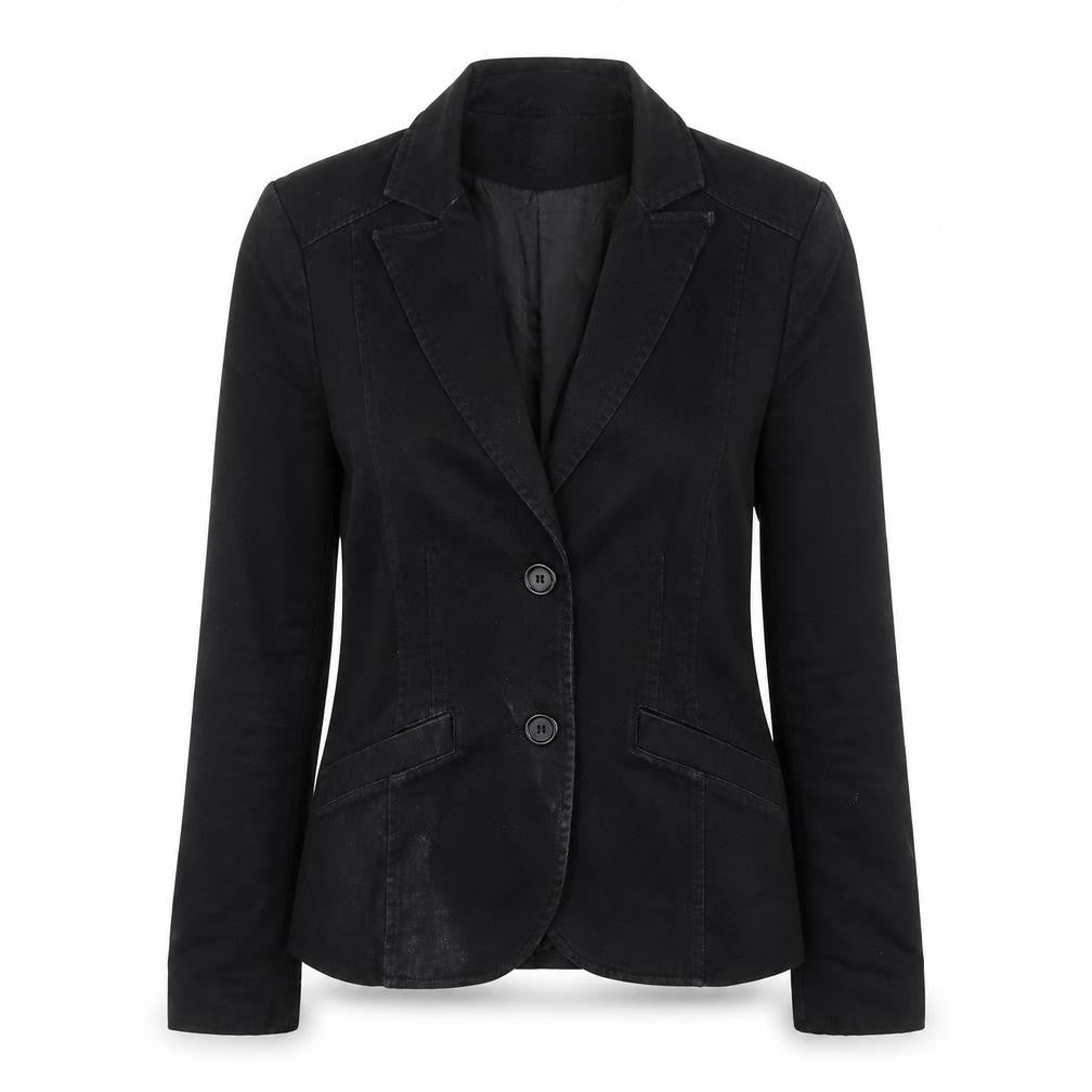 Front view of H&M Women's Black Regular Fit Blazer, size 8, Notch Lapel