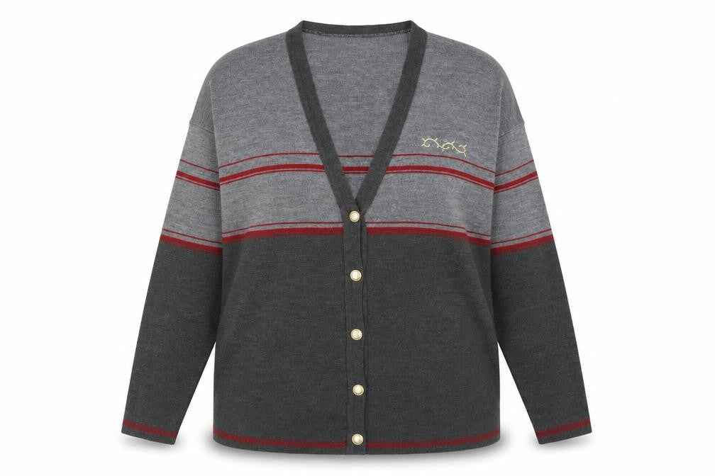 Front view of Holmewood Women's Grey Striped Cardigan, size 14