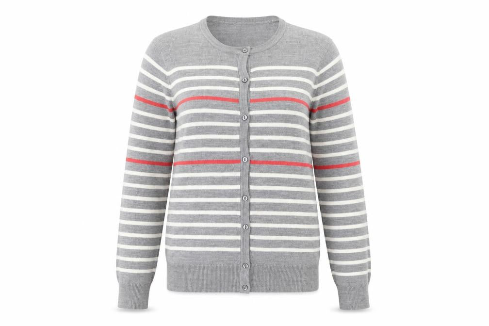 Front view of Topvalu Women's Grey Striped Cardigan M