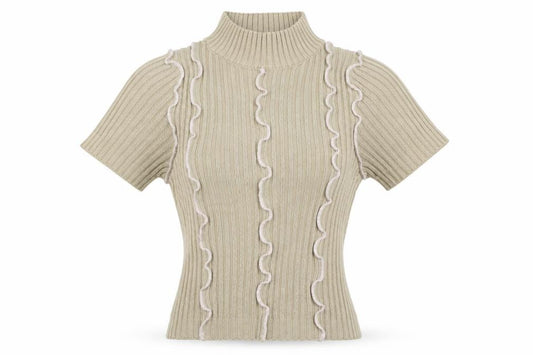 Front view of Collusion Women's Beige High Neck Acrylic T-Shirt, size 8