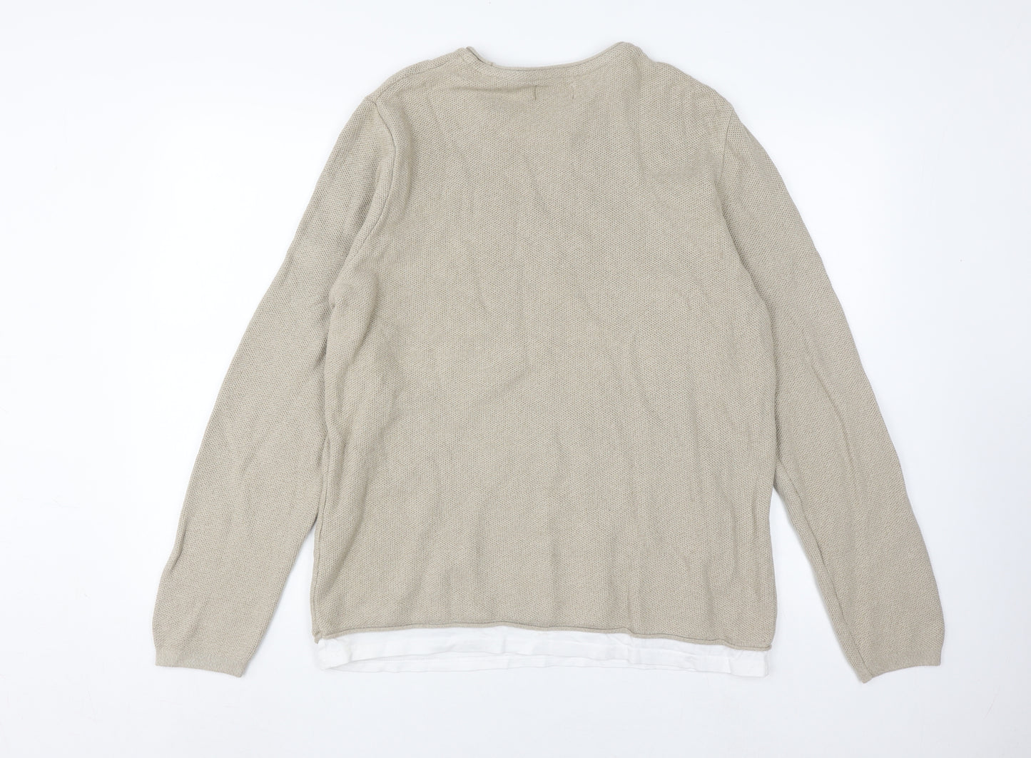Pull&Bear Men's Beige Crew Neck Knit Pullover - Size L